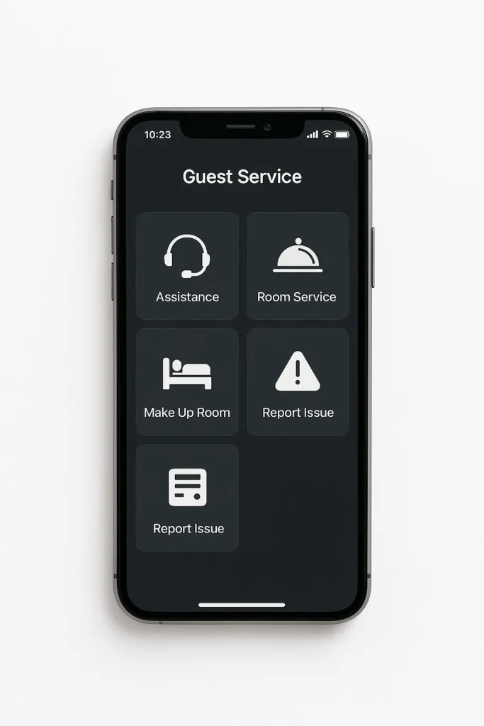 Branded mobile apps enabling guests to discreetly request services, place orders, or report issues via smartphone or tablet.