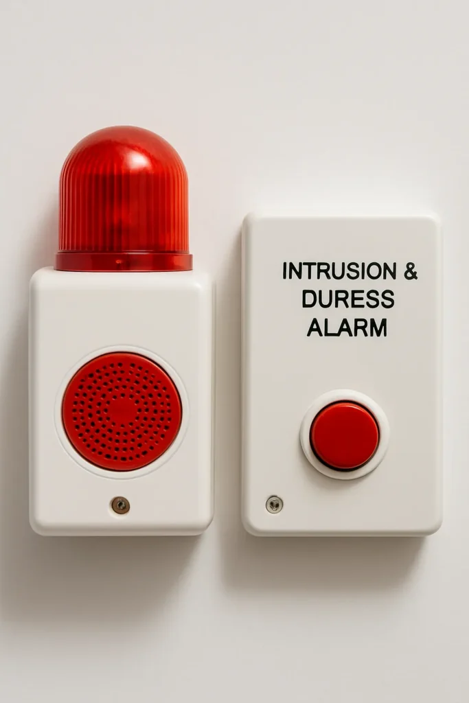 Silent alarm systems triggered during security breaches or hostage scenarios, sending alerts to the command center without raising public awareness.
