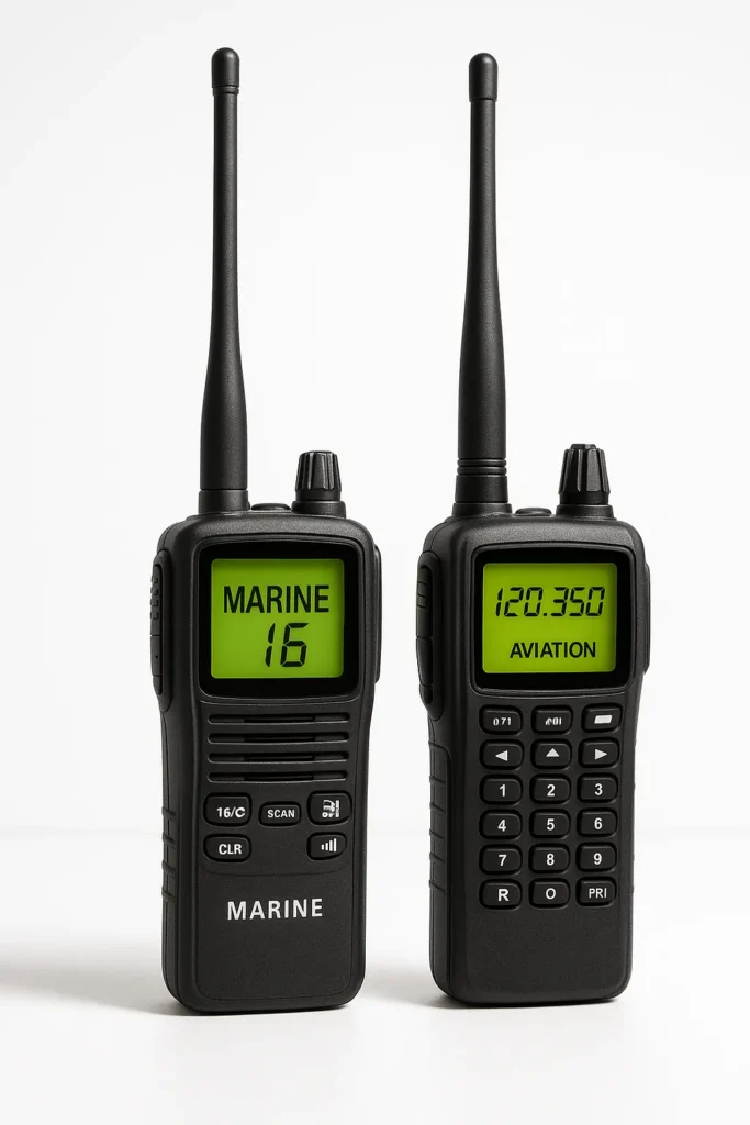 Specialised radios certified for use in maritime and airborne environments, with appropriate frequency and regulatory support.