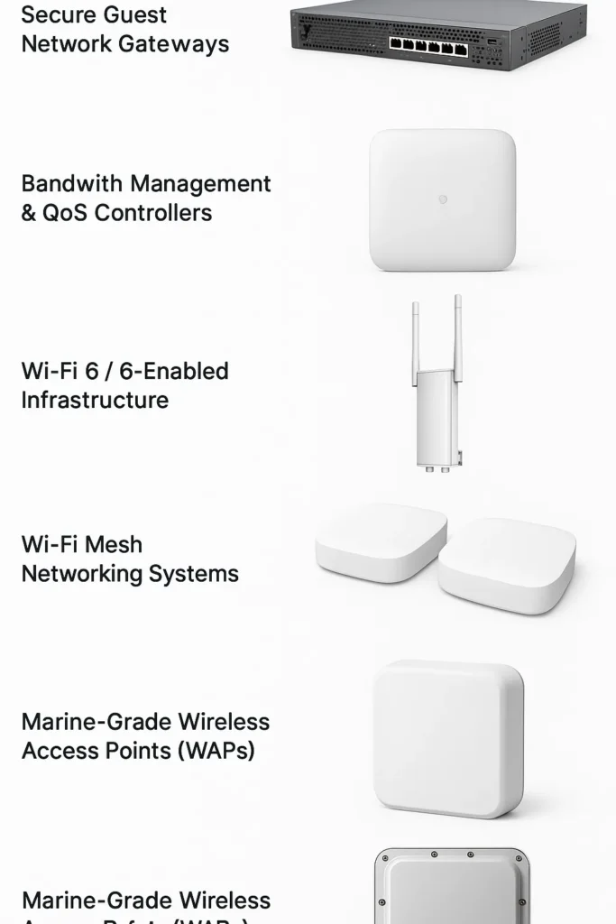 Ruggedised Wi-Fi access points designed to withstand salt, humidity, and temperature fluctuations, providing strong coverage across decks and cabins.