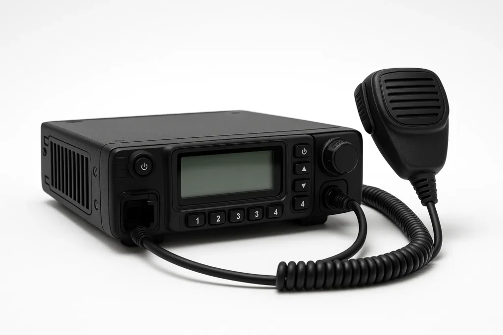 High-powered radios mounted in vehicles (police, fire, transport, etc.) for long-range communication and integration with dispatch.