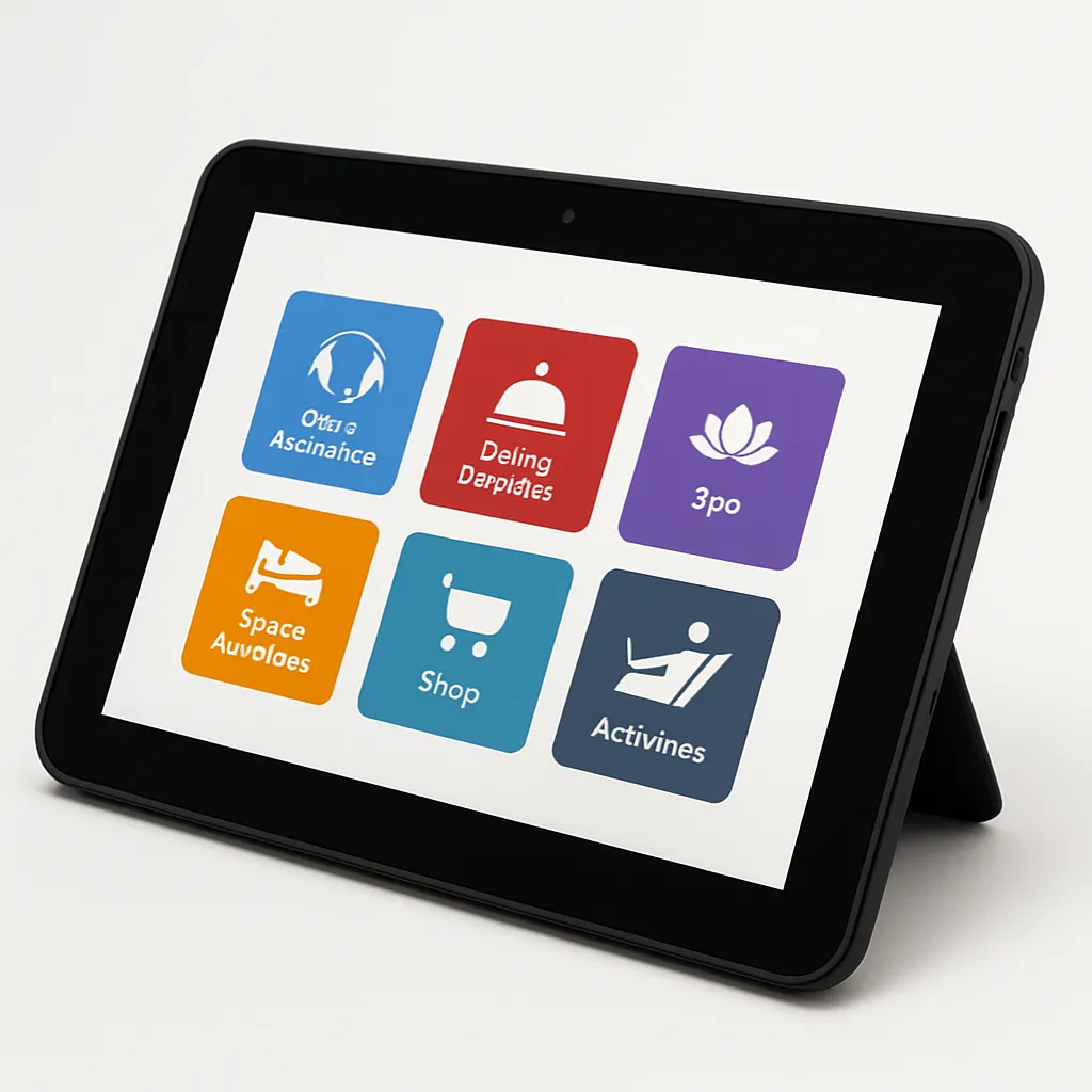 Dedicated guest tablets offering one-touch access to crew assistance, dining requests, spa bookings, and more.