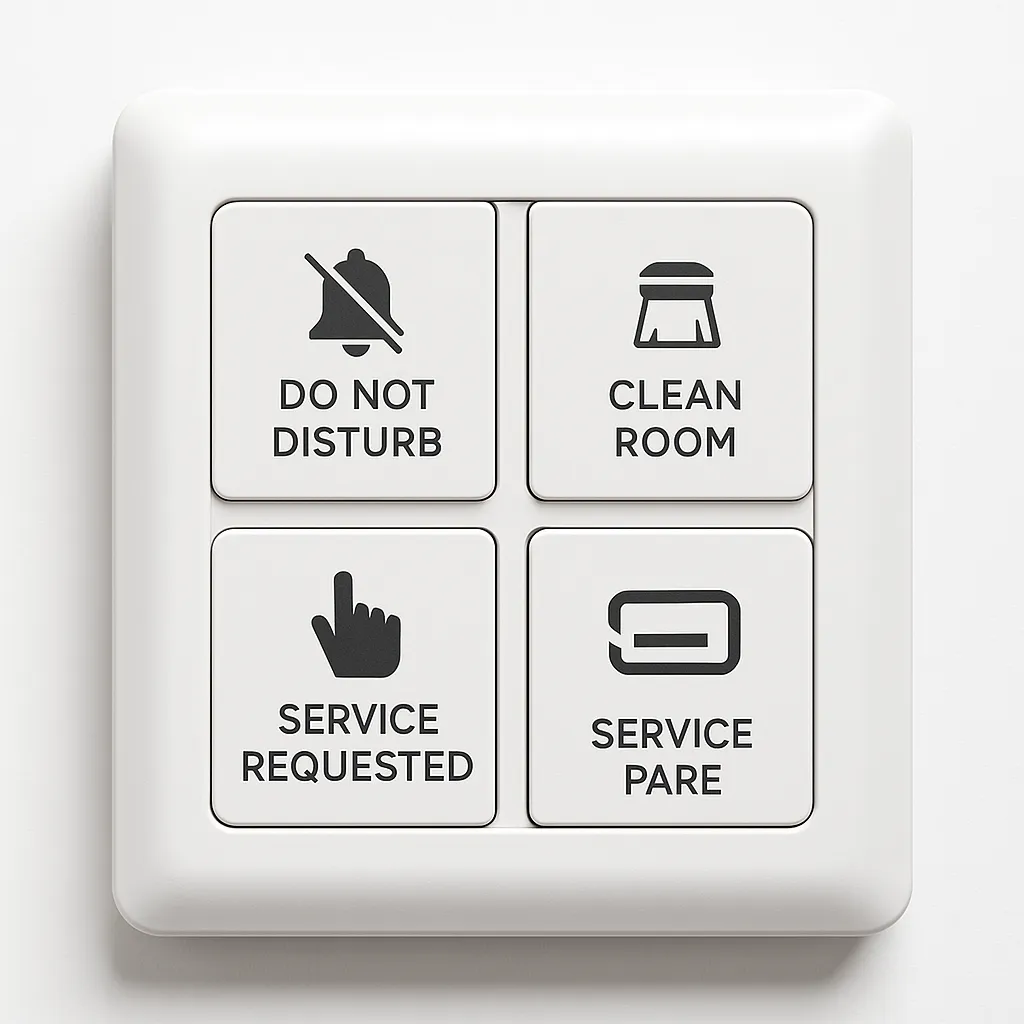 Multi-function touch panels or button arrays offering options like "Do Not Disturb," "Clean Room," or "Service Requested."