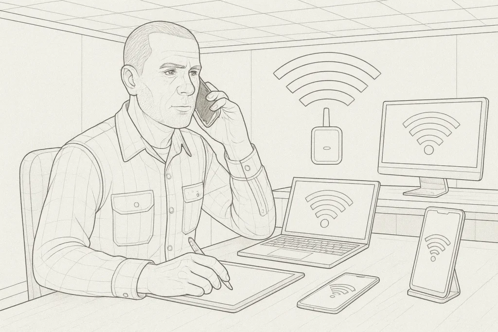 engineer sat at desk with multiple devices showing connection to wifi access point_result