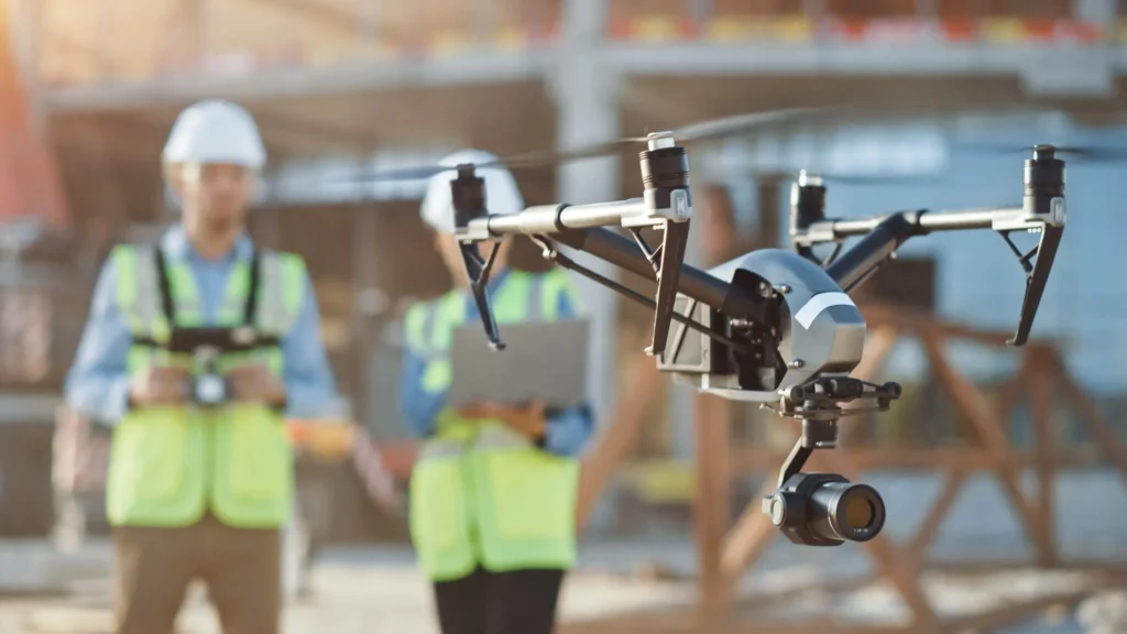 Industrial drone flying near site personnel during an inspection or monitoring operation.