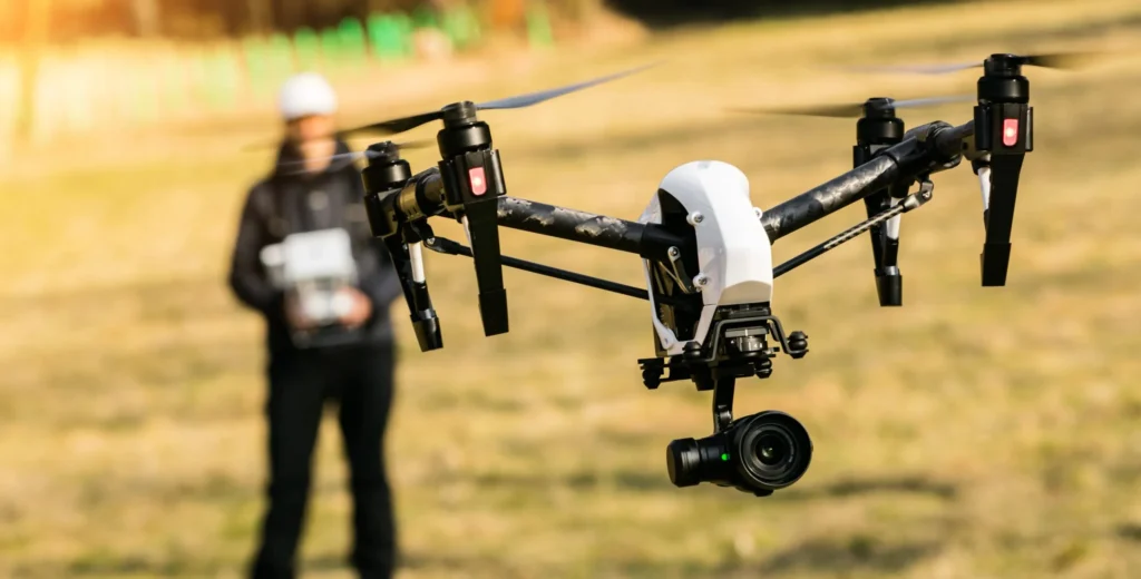 Professional drone with camera flying during an outdoor monitoring or security operation.