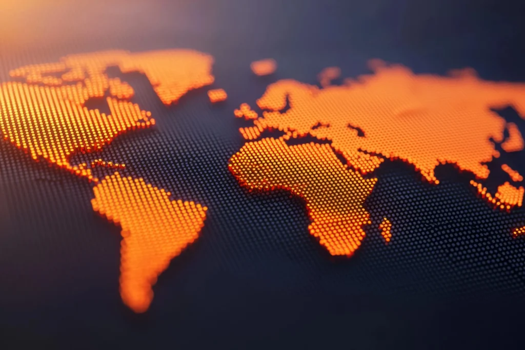 Digital world map highlighting global connectivity and international communications across multiple regions.