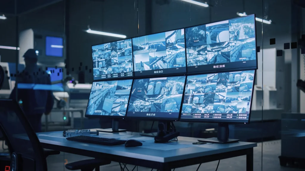 Security monitoring centre displaying multiple live CCTV feeds across an integrated surveillance system.
