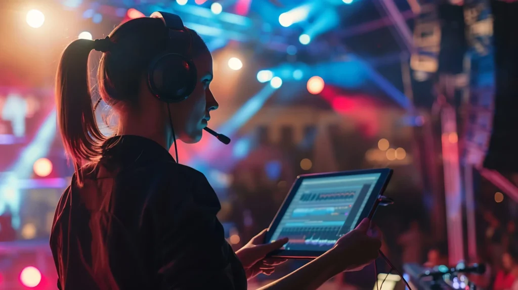 Event production professional using a headset and tablet to coordinate live event communications and technical operations.