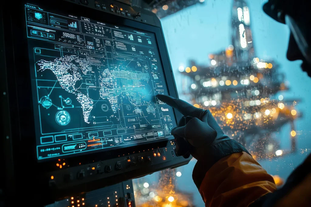 Offshore worker using a digital monitoring screen to oversee industrial systems and remote operations.