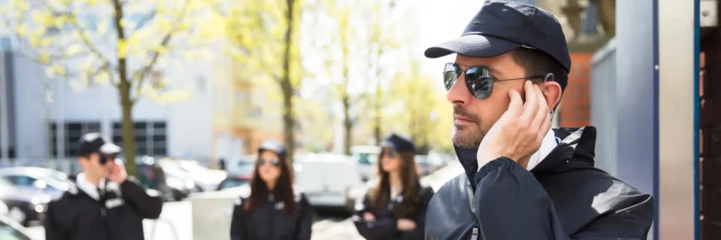 Security professionals using discreet earpiece communications while monitoring an outdoor location.