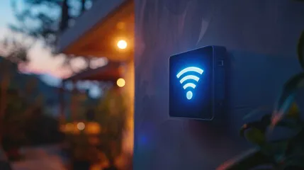 Illuminated wireless connectivity symbol on a wall-mounted access point, representing secure Wi-Fi communications.