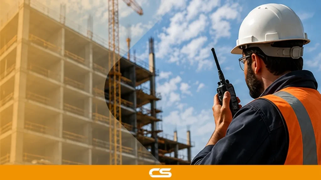 Construction worker using a two-way radio on a large multi-storey construction site