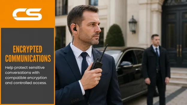 Close Protection Officer Using An Encrypted Two-Way Radio And Discreet Earpiece Outside A Luxury Property