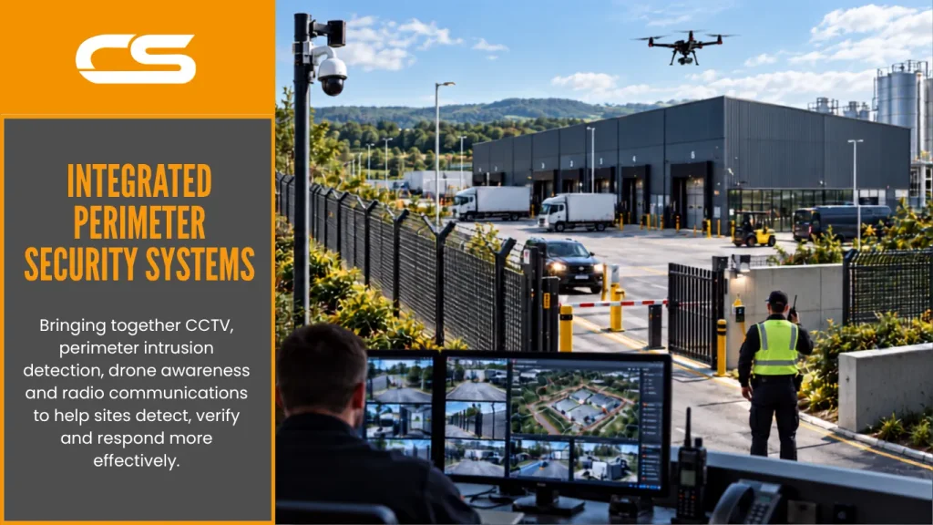 Security Officer Using A Radio Beside A Protected Industrial Perimeter With Cctv And Aerial Awareness.