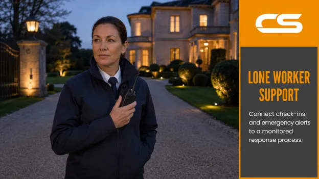 Lone Security Officer Using A Two-Way Radio While Working At A Large Private Estate
