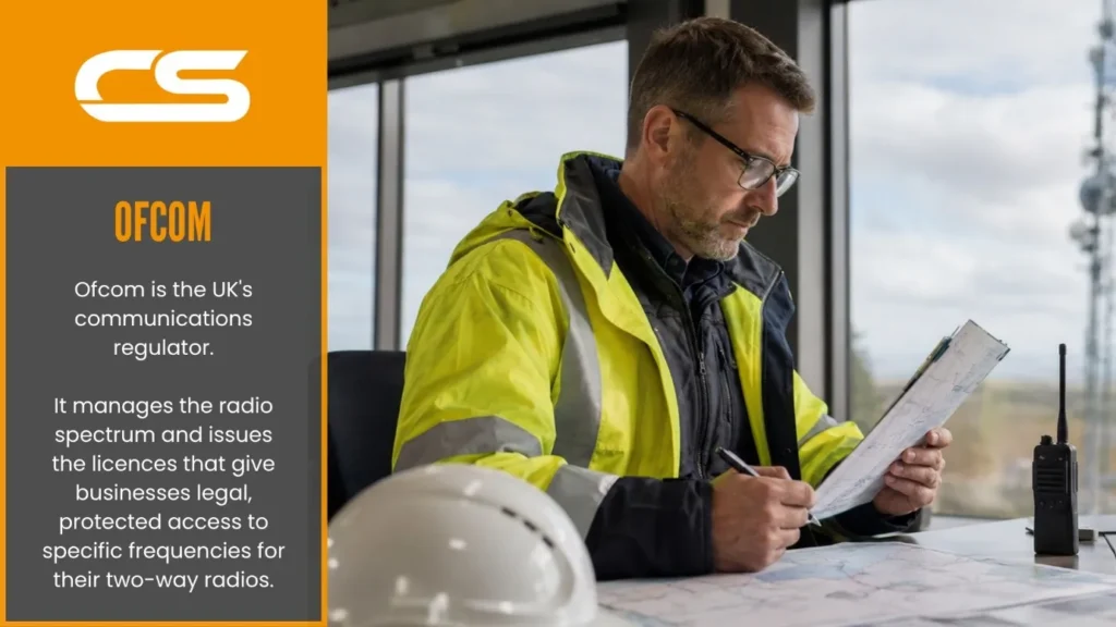 Site Manager Reviewing Paperwork Beside A Two-Way Radio For Ofcom Radio Licensing