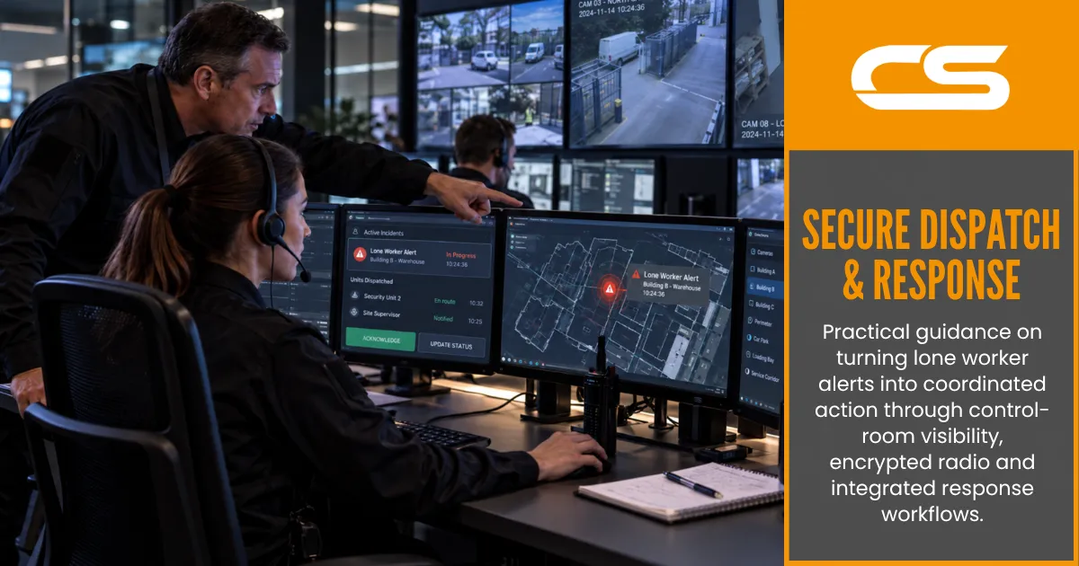 Security Control-Room Operator Coordinating An Encrypted Radio Response From Cctv And Alert Dashboards.