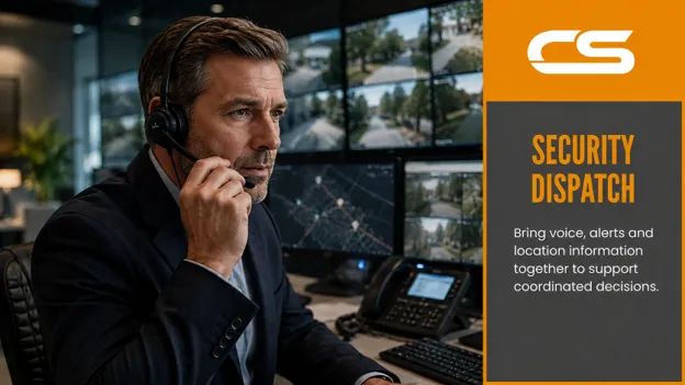 Security Control Room Operator Coordinating Radio Communications And Cctv Monitoring