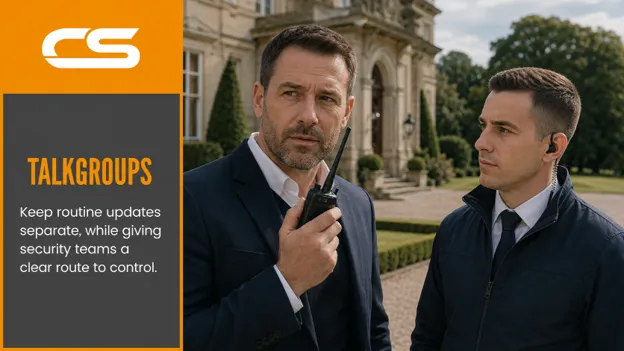 Security Officers Using Two-Way Radios To Coordinate Communications At A Luxury Estate