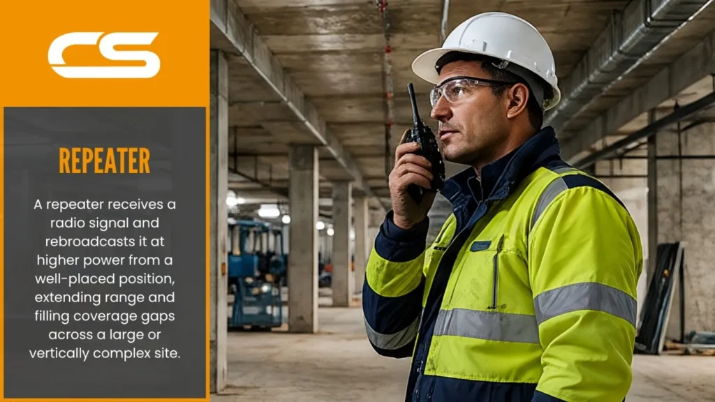 Construction Worker Using A Two-Way Radio Inside A Building Supported By A Radio Repeater