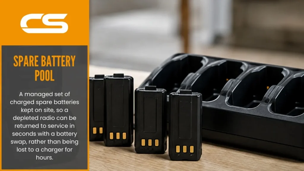 Spare Two-Way Radio Batteries Beside A Multi-Unit Charging Station For Construction Site Communications